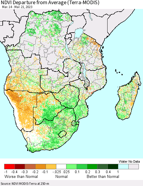 Southern Africa NDVI Departure from Average (Terra-MODIS) Thematic Map For 3/14/2023 - 3/21/2023