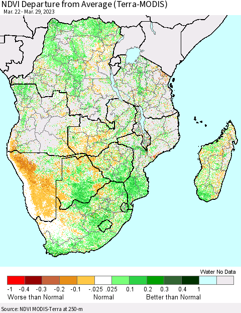 Southern Africa NDVI Departure from Average (Terra-MODIS) Thematic Map For 3/22/2023 - 3/29/2023