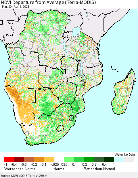 Southern Africa NDVI Departure from Average (Terra-MODIS) Thematic Map For 3/30/2023 - 4/6/2023