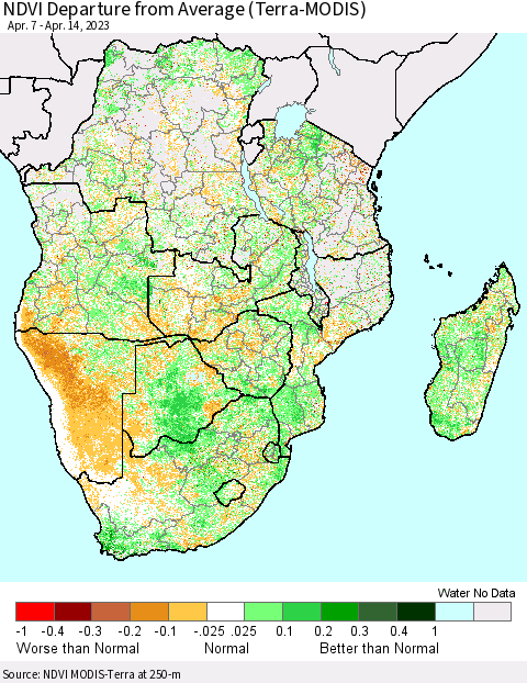 Southern Africa NDVI Departure from Average (Terra-MODIS) Thematic Map For 4/7/2023 - 4/14/2023
