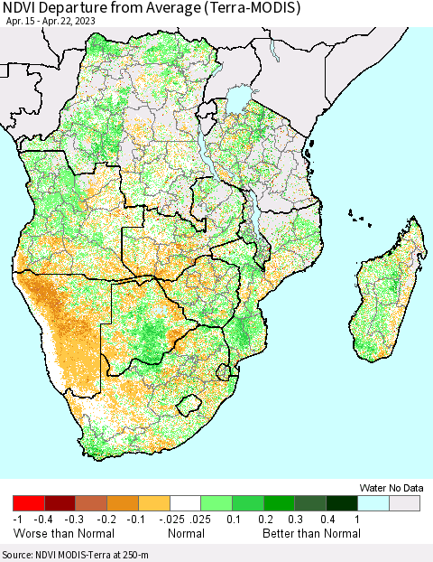 Southern Africa NDVI Departure from Average (Terra-MODIS) Thematic Map For 4/15/2023 - 4/22/2023