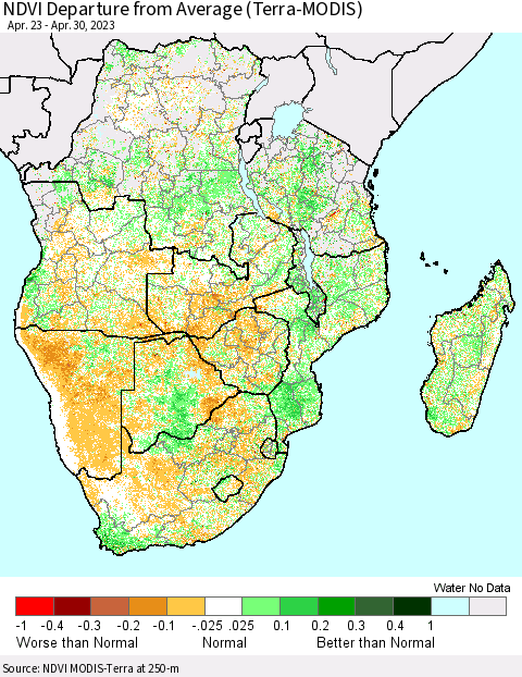 Southern Africa NDVI Departure from Average (Terra-MODIS) Thematic Map For 4/23/2023 - 4/30/2023
