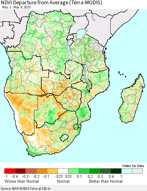 Southern Africa NDVI Departure from Average (Terra-MODIS) Thematic Map For 5/1/2023 - 5/8/2023