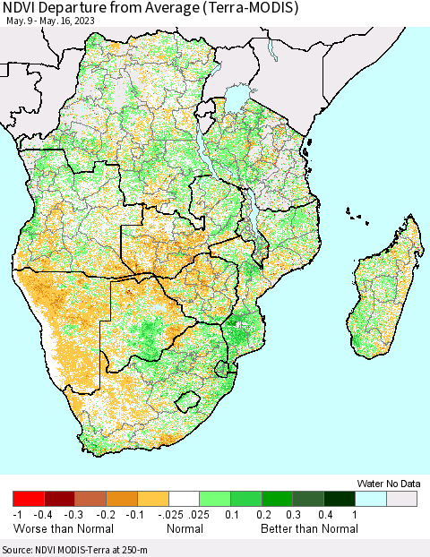 Southern Africa NDVI Departure from Average (Terra-MODIS) Thematic Map For 5/9/2023 - 5/16/2023