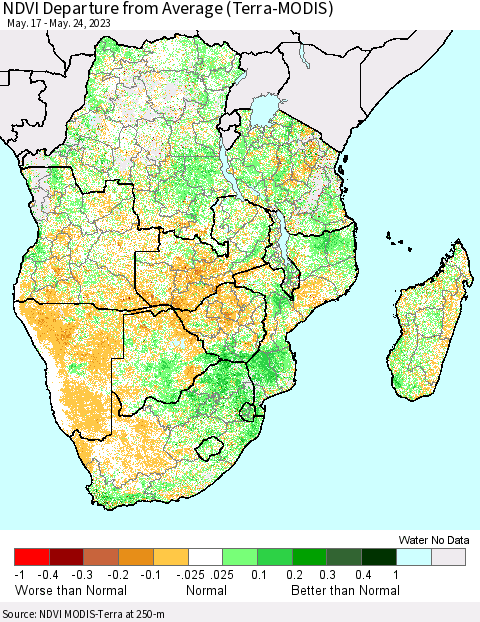 Southern Africa NDVI Departure from Average (Terra-MODIS) Thematic Map For 5/17/2023 - 5/24/2023