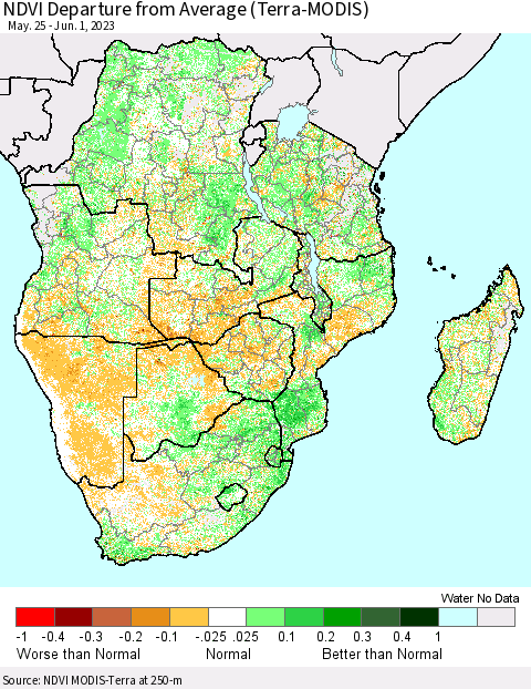 Southern Africa NDVI Departure from Average (Terra-MODIS) Thematic Map For 5/25/2023 - 6/1/2023