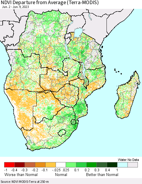 Southern Africa NDVI Departure from Average (Terra-MODIS) Thematic Map For 6/2/2023 - 6/9/2023