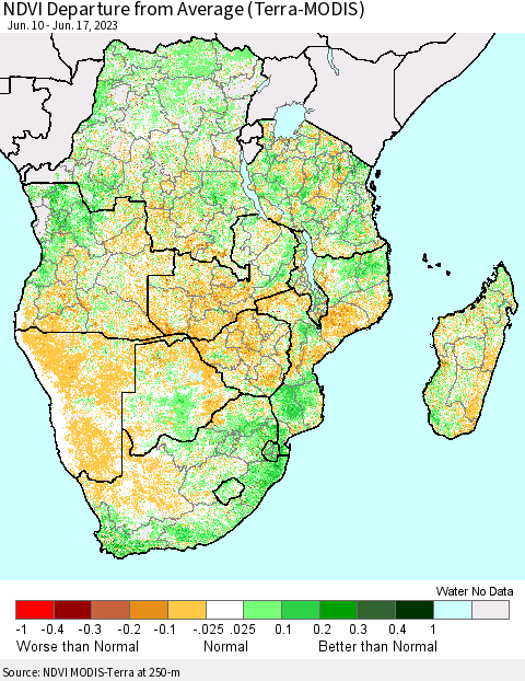 Southern Africa NDVI Departure from Average (Terra-MODIS) Thematic Map For 6/10/2023 - 6/17/2023