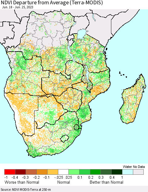 Southern Africa NDVI Departure from Average (Terra-MODIS) Thematic Map For 6/18/2023 - 6/25/2023