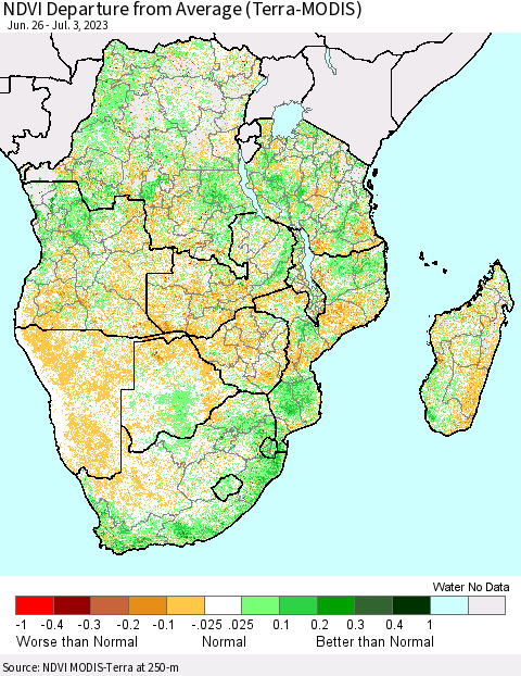 Southern Africa NDVI Departure from Average (Terra-MODIS) Thematic Map For 6/26/2023 - 7/3/2023