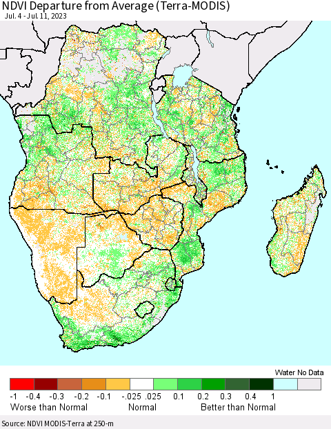 Southern Africa NDVI Departure from Average (Terra-MODIS) Thematic Map For 7/4/2023 - 7/11/2023