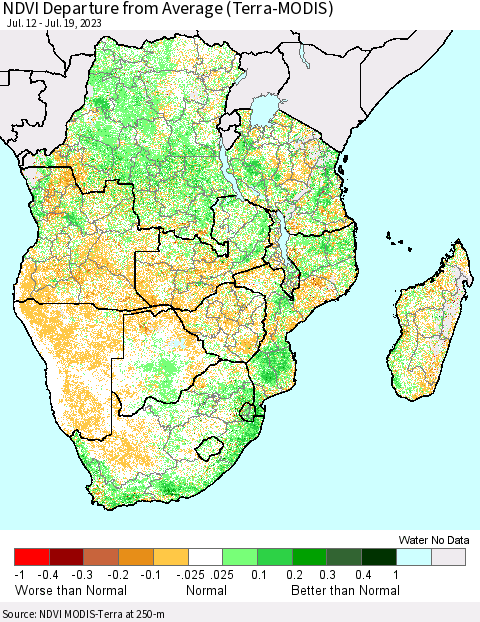 Southern Africa NDVI Departure from Average (Terra-MODIS) Thematic Map For 7/12/2023 - 7/19/2023