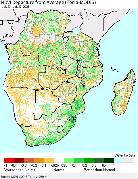 Southern Africa NDVI Departure from Average (Terra-MODIS) Thematic Map For 7/20/2023 - 7/27/2023