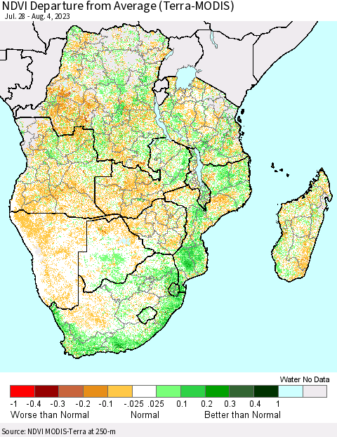 Southern Africa NDVI Departure from Average (Terra-MODIS) Thematic Map For 7/28/2023 - 8/4/2023