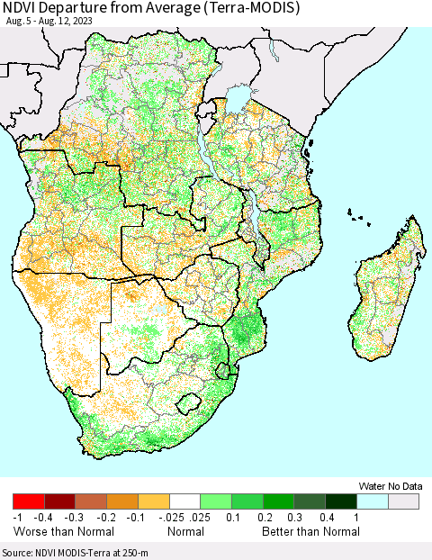 Southern Africa NDVI Departure from Average (Terra-MODIS) Thematic Map For 8/5/2023 - 8/12/2023