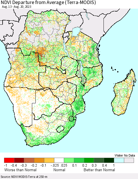 Southern Africa NDVI Departure from Average (Terra-MODIS) Thematic Map For 8/13/2023 - 8/20/2023