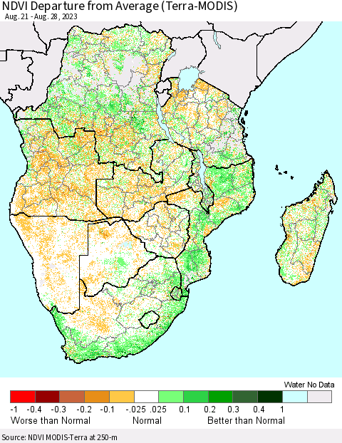 Southern Africa NDVI Departure from Average (Terra-MODIS) Thematic Map For 8/21/2023 - 8/28/2023