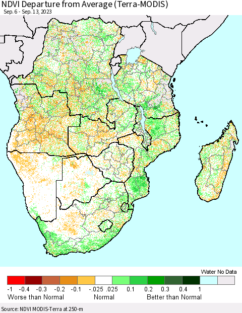 Southern Africa NDVI Departure from Average (Terra-MODIS) Thematic Map For 9/6/2023 - 9/13/2023