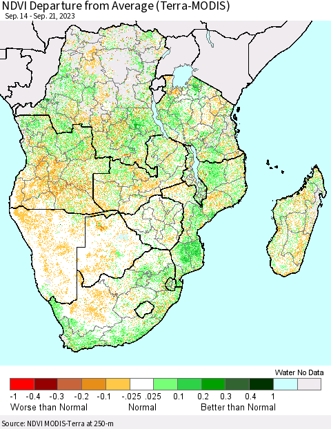 Southern Africa NDVI Departure from Average (Terra-MODIS) Thematic Map For 9/14/2023 - 9/21/2023