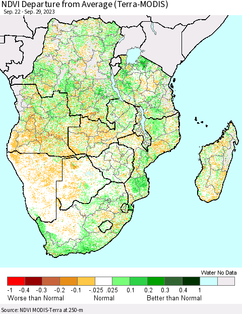 Southern Africa NDVI Departure from Average (Terra-MODIS) Thematic Map For 9/22/2023 - 9/29/2023