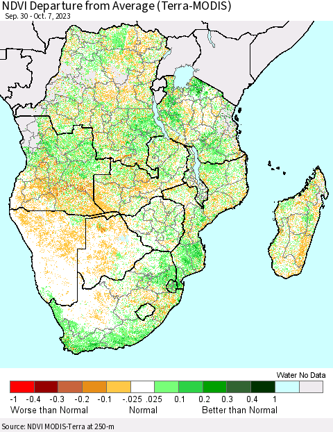 Southern Africa NDVI Departure from Average (Terra-MODIS) Thematic Map For 9/30/2023 - 10/7/2023
