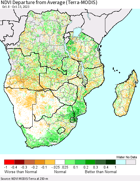 Southern Africa NDVI Departure from Average (Terra-MODIS) Thematic Map For 10/8/2023 - 10/15/2023