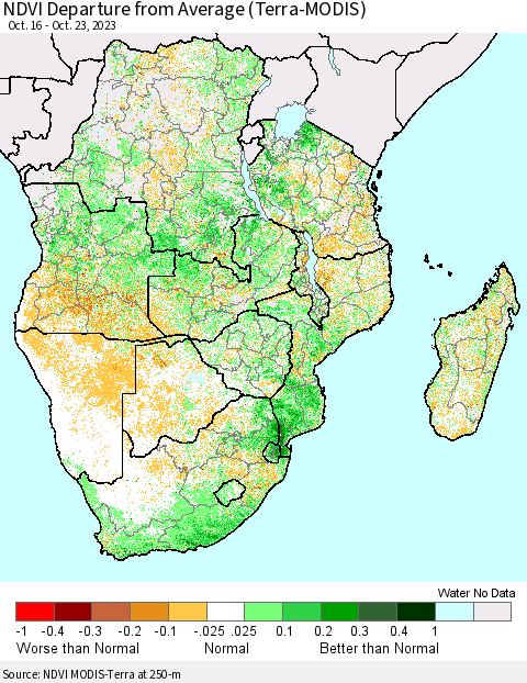 Southern Africa NDVI Departure from Average (Terra-MODIS) Thematic Map For 10/16/2023 - 10/23/2023