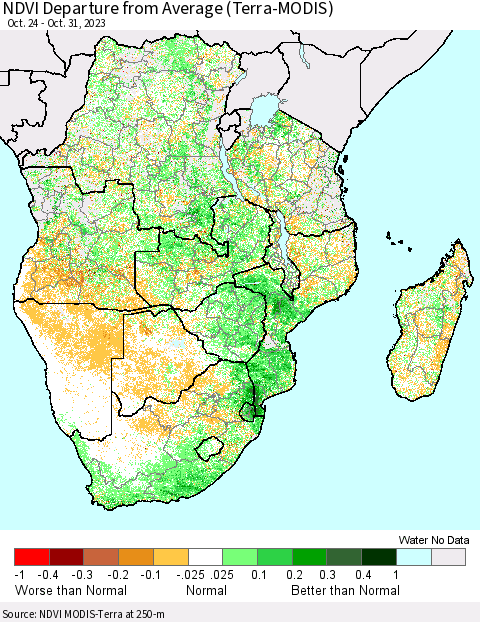 Southern Africa NDVI Departure from Average (Terra-MODIS) Thematic Map For 10/24/2023 - 10/31/2023