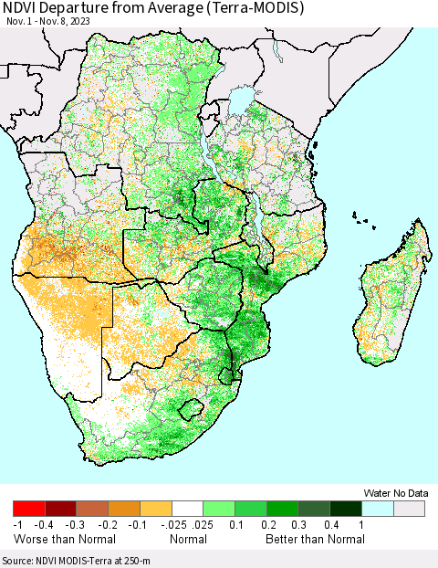 Southern Africa NDVI Departure from Average (Terra-MODIS) Thematic Map For 11/1/2023 - 11/8/2023