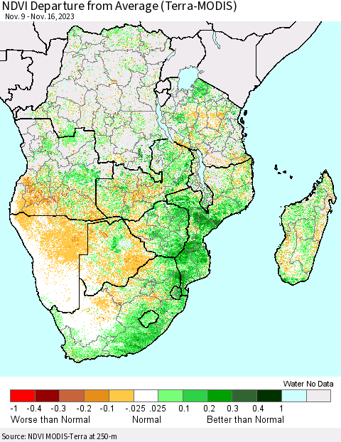 Southern Africa NDVI Departure from Average (Terra-MODIS) Thematic Map For 11/9/2023 - 11/16/2023