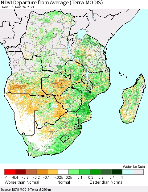 Southern Africa NDVI Departure from Average (Terra-MODIS) Thematic Map For 11/17/2023 - 11/24/2023