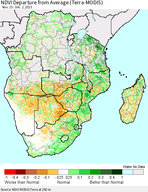 Southern Africa NDVI Departure from Average (Terra-MODIS) Thematic Map For 11/25/2023 - 12/2/2023