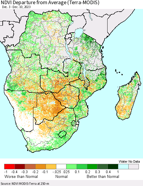 Southern Africa NDVI Departure from Average (Terra-MODIS) Thematic Map For 12/3/2023 - 12/10/2023