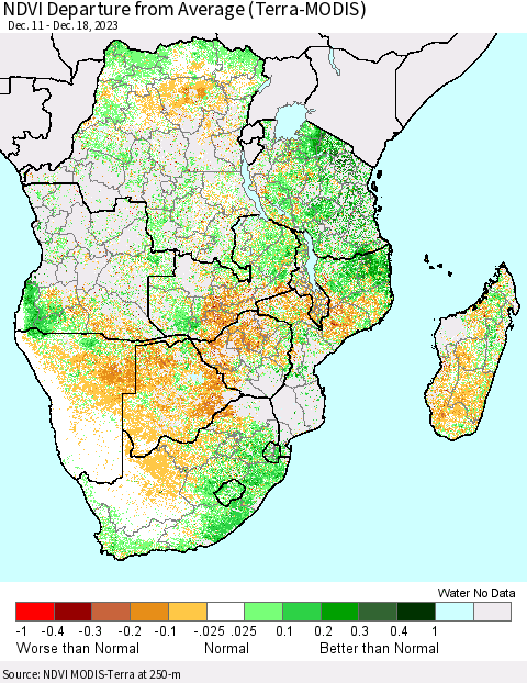 Southern Africa NDVI Departure from Average (Terra-MODIS) Thematic Map For 12/11/2023 - 12/18/2023