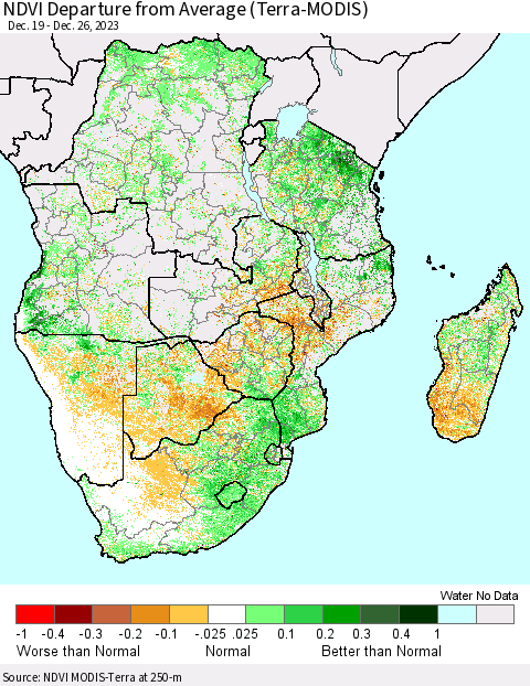 Southern Africa NDVI Departure from Average (Terra-MODIS) Thematic Map For 12/19/2023 - 12/26/2023