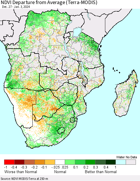 Southern Africa NDVI Departure from Average (Terra-MODIS) Thematic Map For 12/27/2023 - 1/3/2024