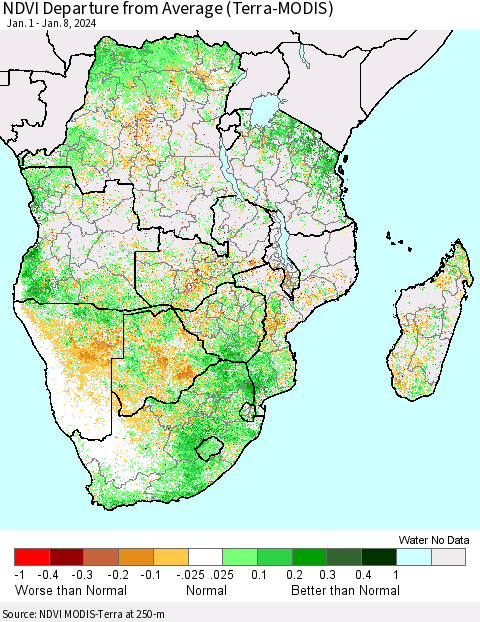 Southern Africa NDVI Departure from Average (Terra-MODIS) Thematic Map For 1/1/2024 - 1/8/2024