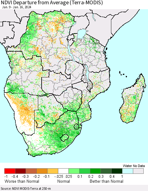 Southern Africa NDVI Departure from Average (Terra-MODIS) Thematic Map For 1/9/2024 - 1/16/2024