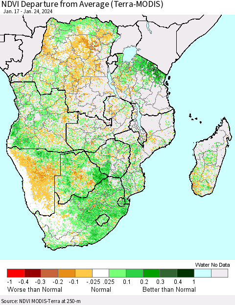 Southern Africa NDVI Departure from Average (Terra-MODIS) Thematic Map For 1/17/2024 - 1/24/2024