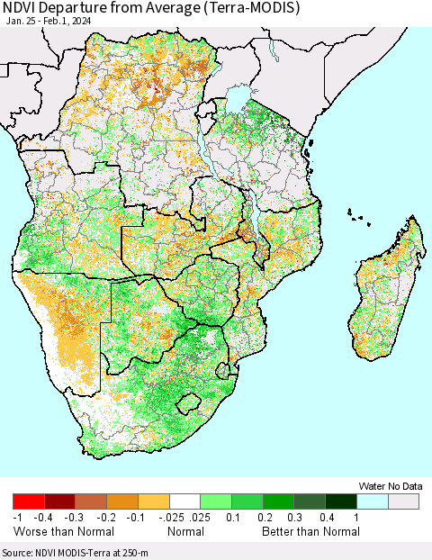 Southern Africa NDVI Departure from Average (Terra-MODIS) Thematic Map For 1/25/2024 - 2/1/2024