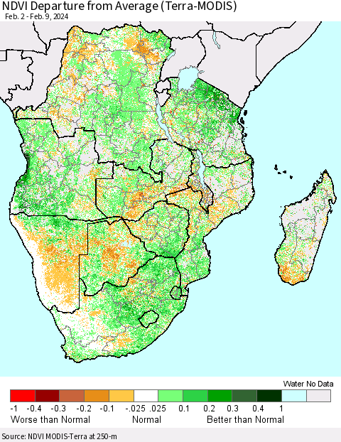 Southern Africa NDVI Departure from Average (Terra-MODIS) Thematic Map For 2/2/2024 - 2/9/2024