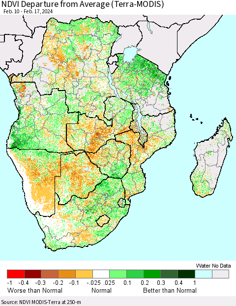 Southern Africa NDVI Departure from Average (Terra-MODIS) Thematic Map For 2/10/2024 - 2/17/2024
