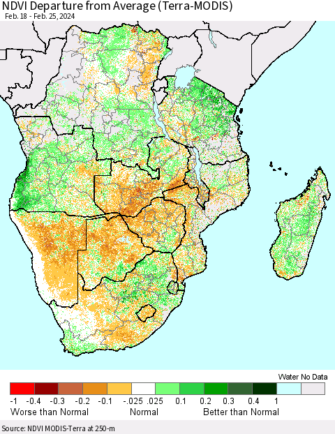 Southern Africa NDVI Departure from Average (Terra-MODIS) Thematic Map For 2/18/2024 - 2/25/2024