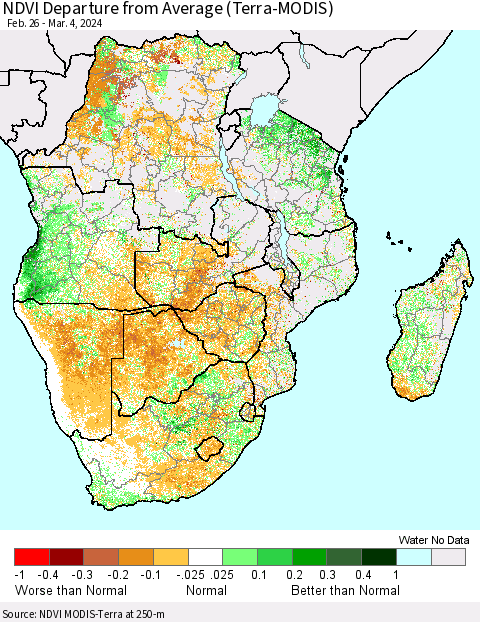 Southern Africa NDVI Departure from Average (Terra-MODIS) Thematic Map For 2/26/2024 - 3/4/2024