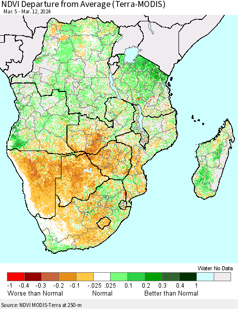 Southern Africa NDVI Departure from Average (Terra-MODIS) Thematic Map For 3/5/2024 - 3/12/2024