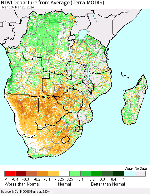 Southern Africa NDVI Departure from Average (Terra-MODIS) Thematic Map For 3/13/2024 - 3/20/2024