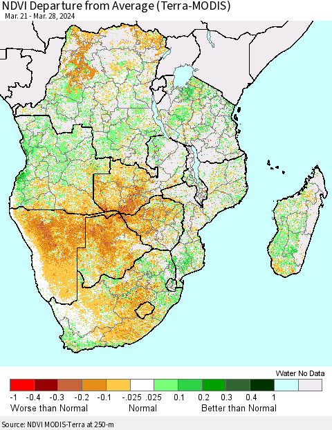 Southern Africa NDVI Departure from Average (Terra-MODIS) Thematic Map For 3/21/2024 - 3/28/2024