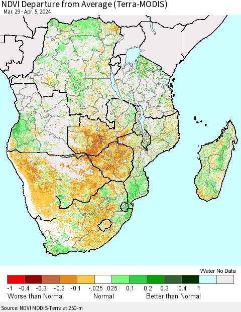 Southern Africa NDVI Departure from Average (Terra-MODIS) Thematic Map For 3/29/2024 - 4/5/2024