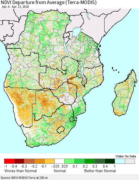Southern Africa NDVI Departure from Average (Terra-MODIS) Thematic Map For 4/6/2024 - 4/13/2024