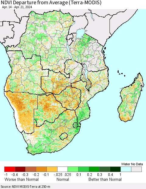 Southern Africa NDVI Departure from Average (Terra-MODIS) Thematic Map For 4/14/2024 - 4/21/2024